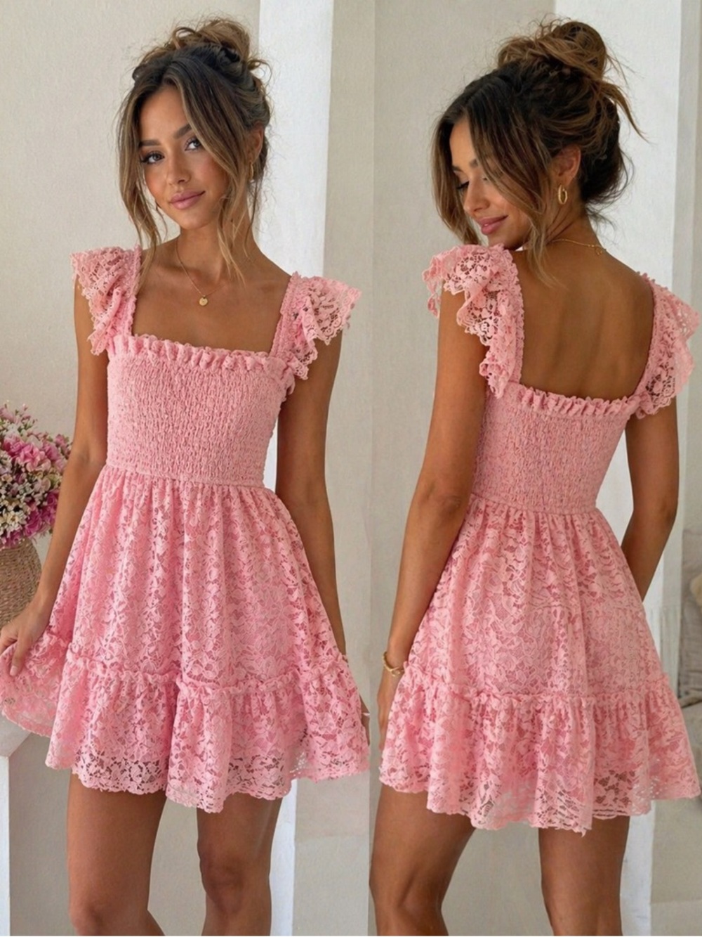Altar’d State Pink Lace Smocked Mini Dress Size Small EUC